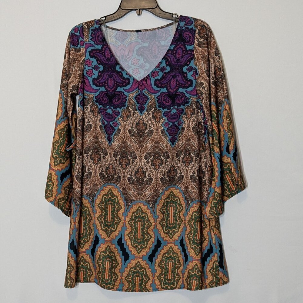 Tan, Teal, Purple Paisley A-Line, V-Neck Mini Dress; Bell Sleeves; Size S